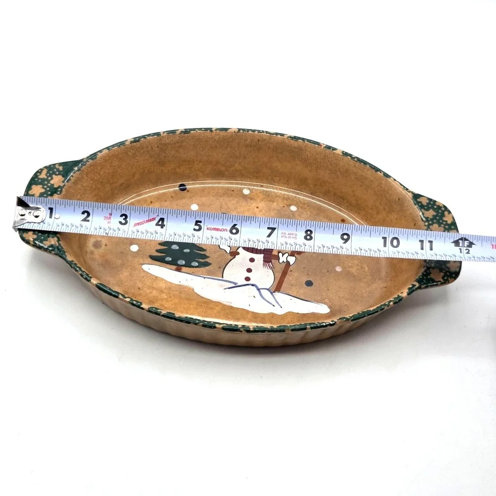 Country Snowman Stoneware Oval Casseroles Dishes - Set of 2 - Green Spongeware